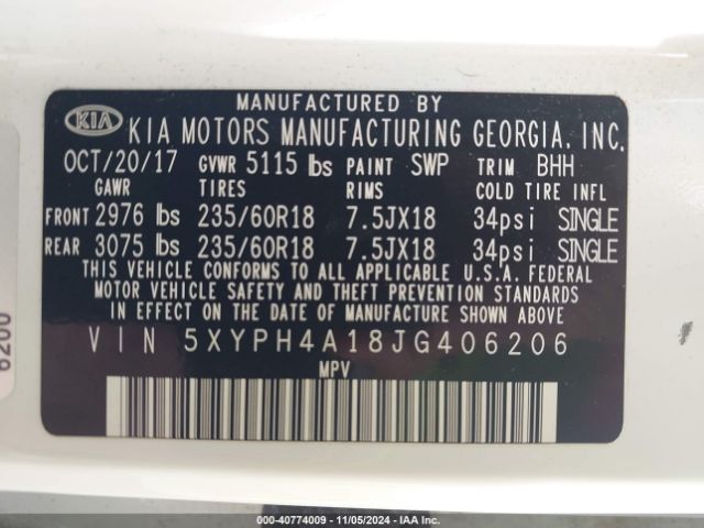 Photo 8 VIN: 5XYPH4A18JG406206 - KIA SORENTO 