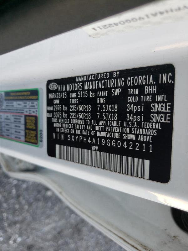 Photo 9 VIN: 5XYPH4A19GG042211 - KIA SORENTO EX 