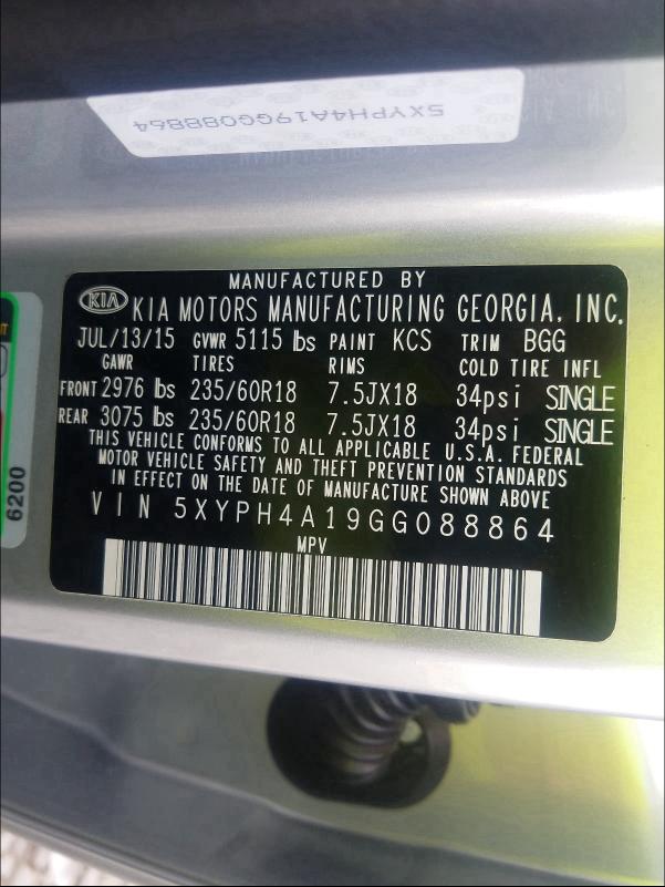 Photo 9 VIN: 5XYPH4A19GG088864 - KIA SORENTO EX 