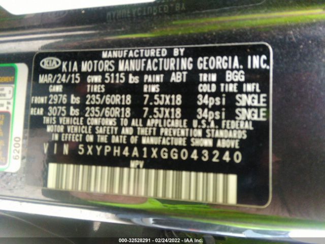 Photo 8 VIN: 5XYPH4A1XGG043240 - KIA SORENTO 