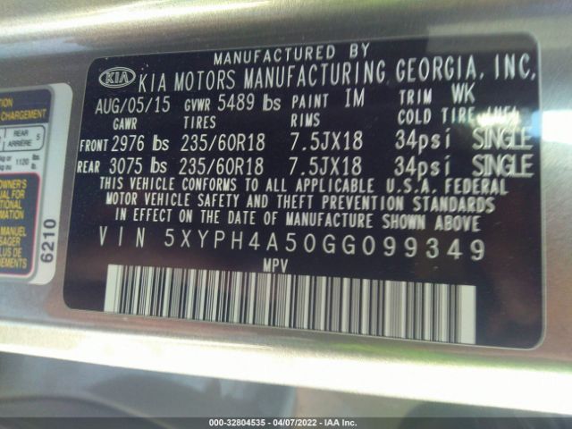 Photo 8 VIN: 5XYPH4A50GG099349 - KIA SORENTO 