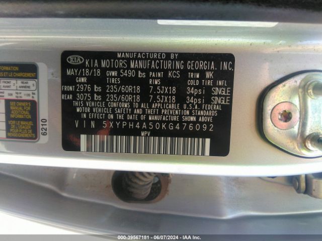 Photo 8 VIN: 5XYPH4A50KG476092 - KIA SORENTO 