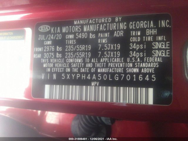 Photo 8 VIN: 5XYPH4A50LG701645 - KIA SORENTO 