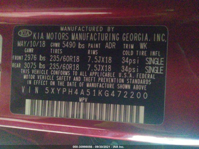 Photo 8 VIN: 5XYPH4A51KG472200 - KIA SORENTO 