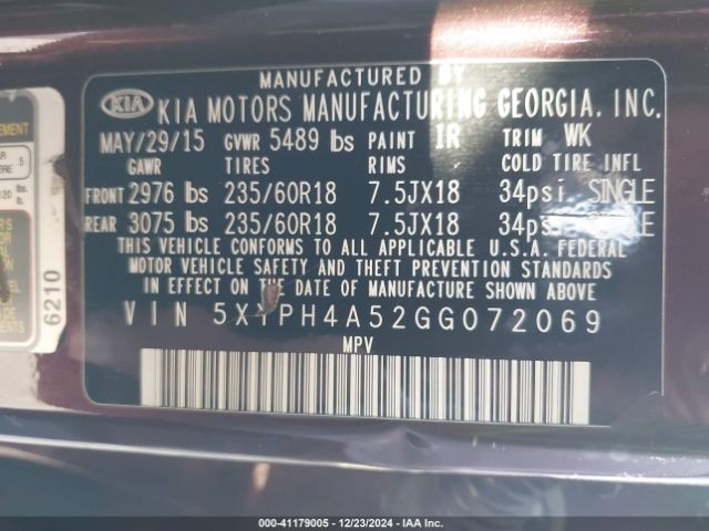 Photo 8 VIN: 5XYPH4A52GG072069 - KIA SORENTO 