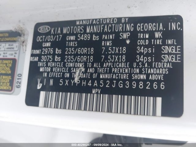 Photo 8 VIN: 5XYPH4A52JG398266 - KIA SORENTO 