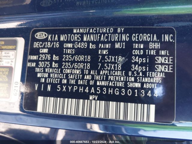 Photo 8 VIN: 5XYPH4A53HG301344 - KIA SORENTO 