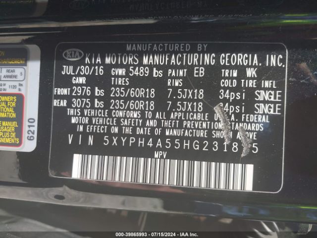 Photo 8 VIN: 5XYPH4A55HG231815 - KIA SORENTO 