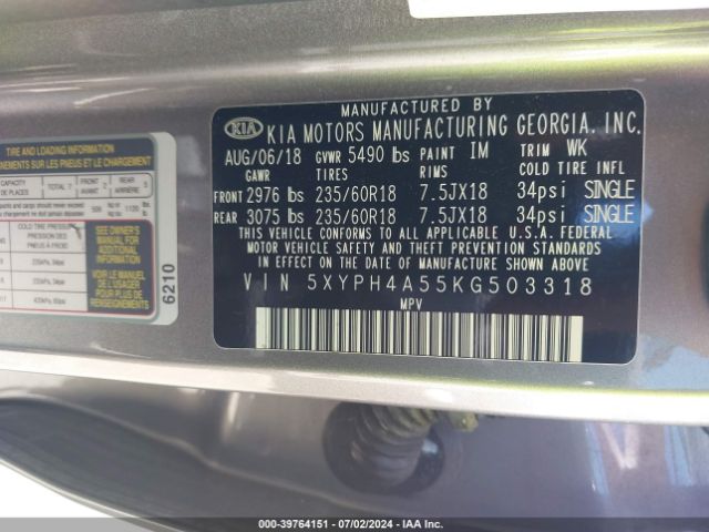 Photo 8 VIN: 5XYPH4A55KG503318 - KIA SORENTO 