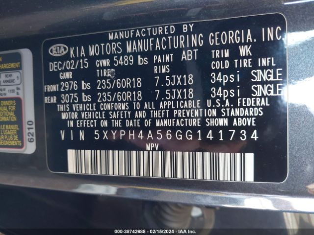 Photo 8 VIN: 5XYPH4A56GG141734 - KIA SORENTO 