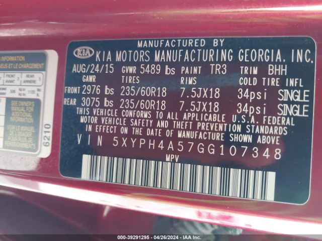 Photo 8 VIN: 5XYPH4A57GG107348 - KIA SORENTO 