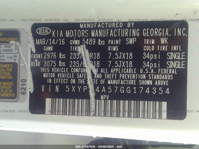 Photo 8 VIN: 5XYPH4A57GG174354 - KIA SORENTO 