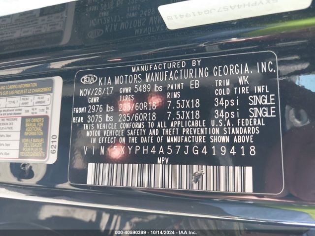 Photo 8 VIN: 5XYPH4A57JG419418 - KIA SORENTO 