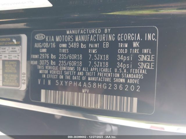 Photo 8 VIN: 5XYPH4A58HG236202 - KIA SORENTO 