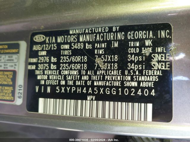 Photo 8 VIN: 5XYPH4A5XGG102404 - KIA SORENTO 