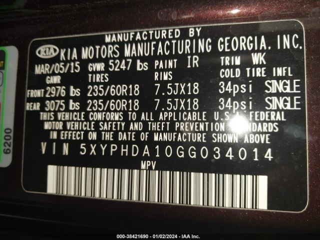 Photo 8 VIN: 5XYPHDA10GG034014 - KIA SORENTO 