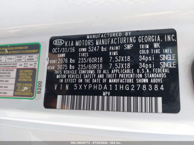 Photo 8 VIN: 5XYPHDA11HG278384 - KIA SORENTO 