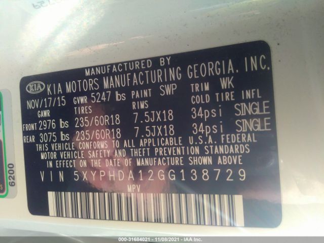 Photo 8 VIN: 5XYPHDA12GG138729 - KIA SORENTO 