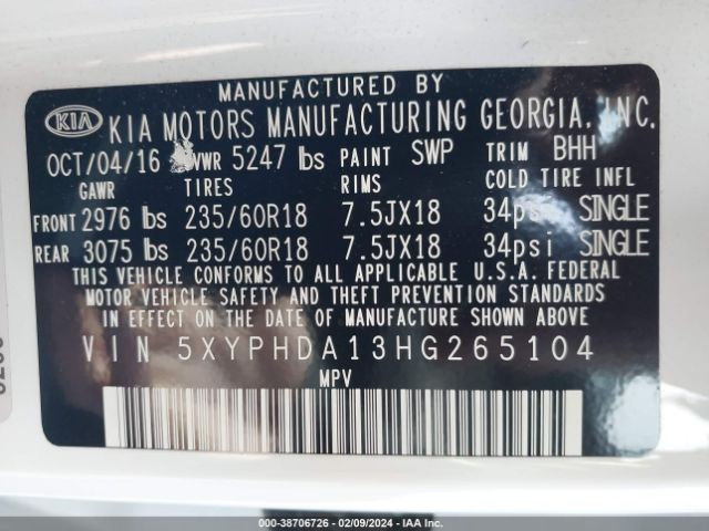 Photo 8 VIN: 5XYPHDA13HG265104 - KIA SORENTO 