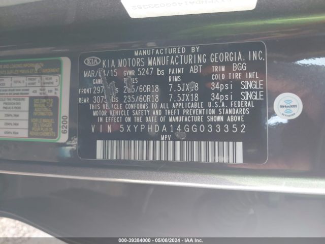 Photo 8 VIN: 5XYPHDA14GG033352 - KIA SORENTO 