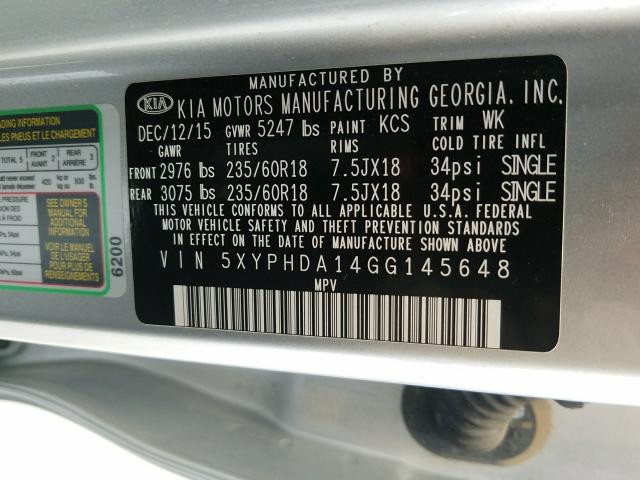 Photo 9 VIN: 5XYPHDA14GG145648 - KIA SORENTO EX 