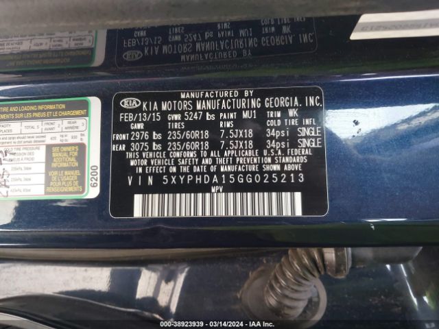 Photo 8 VIN: 5XYPHDA15GG025213 - KIA SORENTO 