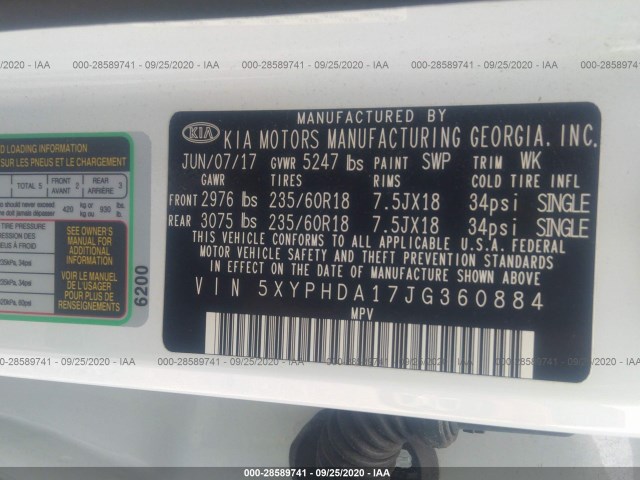 Photo 8 VIN: 5XYPHDA17JG360884 - KIA SORENTO 