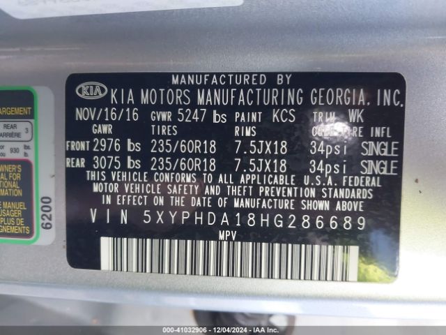 Photo 8 VIN: 5XYPHDA18HG286689 - KIA SORENTO 