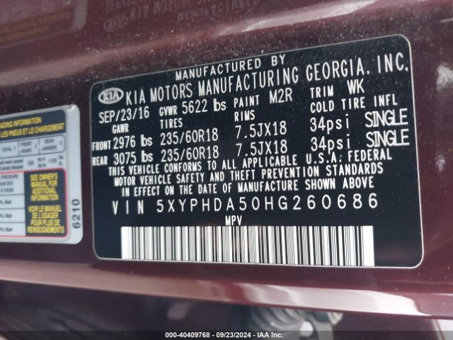 Photo 8 VIN: 5XYPHDA50HG260686 - KIA SORENTO 