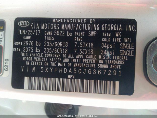 Photo 8 VIN: 5XYPHDA50JG367291 - KIA SORENTO 