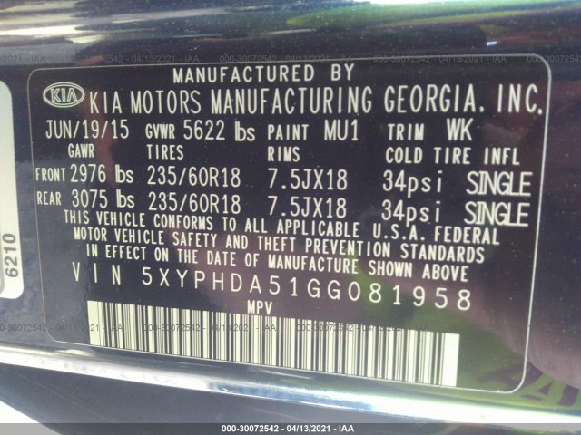 Photo 8 VIN: 5XYPHDA51GG081958 - KIA SORENTO 