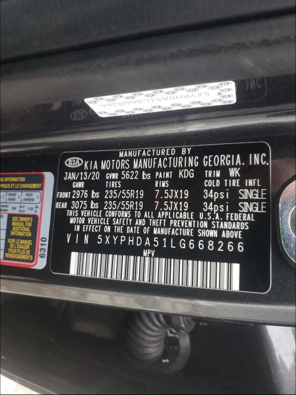 Photo 9 VIN: 5XYPHDA51LG668266 - KIA SORENTO EX 