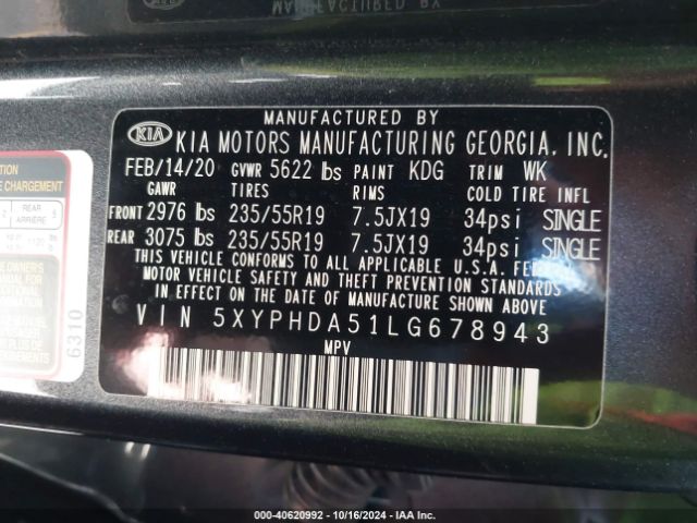 Photo 8 VIN: 5XYPHDA51LG678943 - KIA SORENTO 