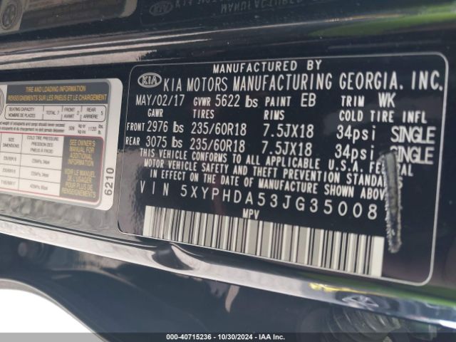 Photo 8 VIN: 5XYPHDA53JG350081 - KIA SORENTO 