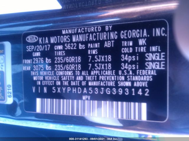 Photo 8 VIN: 5XYPHDA53JG393142 - KIA SORENTO 