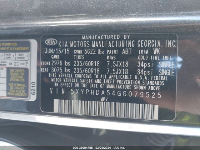 Photo 8 VIN: 5XYPHDA54GG079525 - KIA SORENTO 