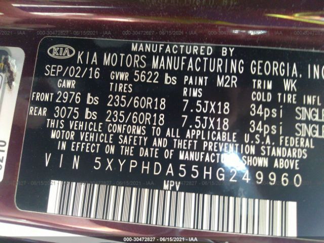 Photo 8 VIN: 5XYPHDA55HG249960 - KIA SORENTO 