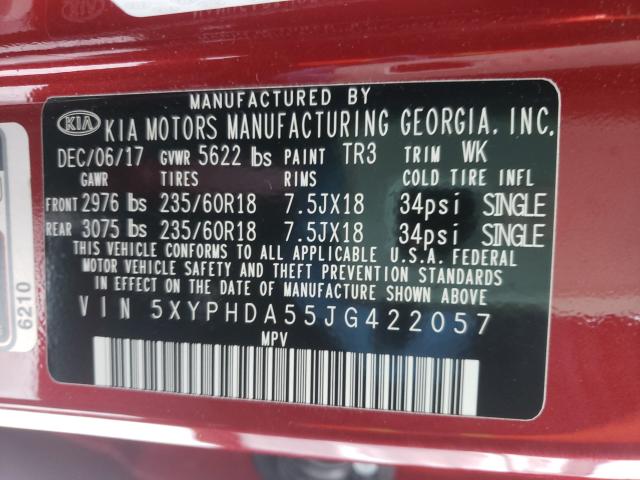 Photo 9 VIN: 5XYPHDA55JG422057 - KIA SORENTO EX 