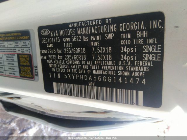 Photo 8 VIN: 5XYPHDA56GG141474 - KIA SORENTO 