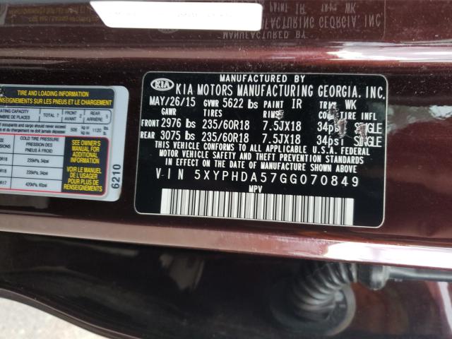 Photo 9 VIN: 5XYPHDA57GG070849 - KIA SORENTO EX 