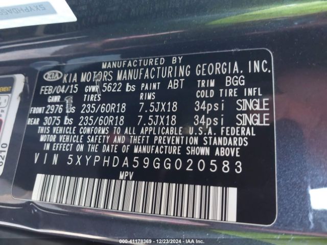 Photo 8 VIN: 5XYPHDA59GG020583 - KIA SORENTO 