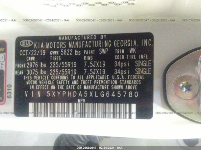 Photo 8 VIN: 5XYPHDA5XLG645780 - KIA SORENTO 