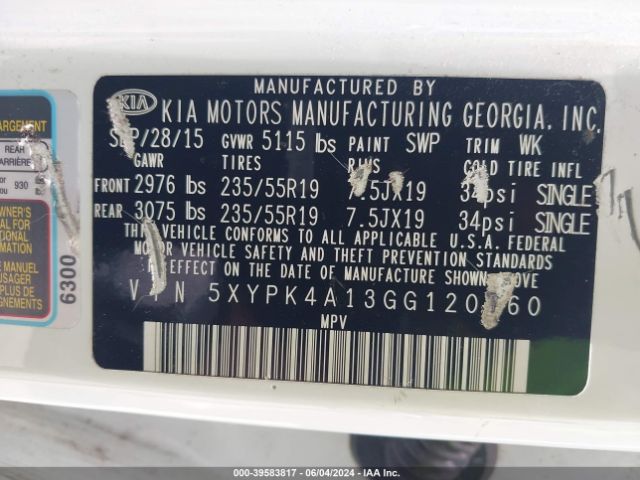 Photo 8 VIN: 5XYPK4A13GG120760 - KIA SORENTO 