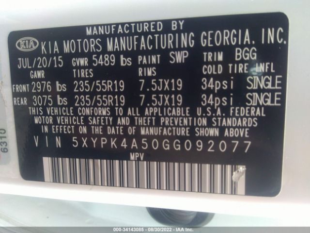 Photo 8 VIN: 5XYPK4A50GG092077 - KIA SORENTO 