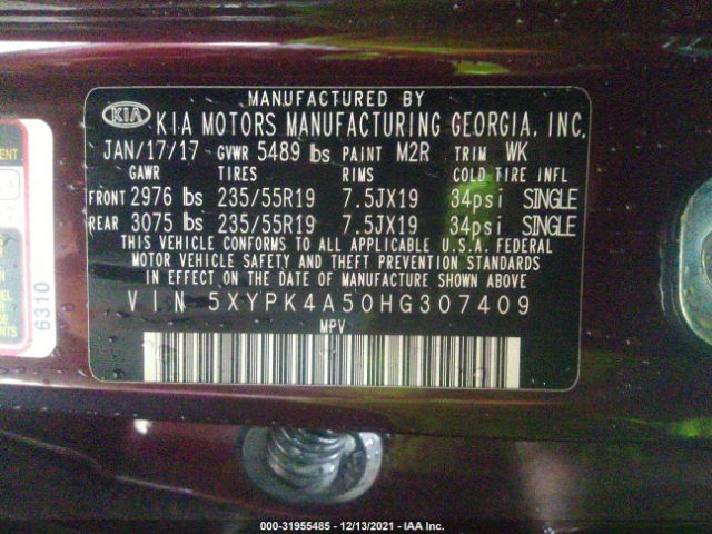 Photo 8 VIN: 5XYPK4A50HG307409 - KIA SORENTO 