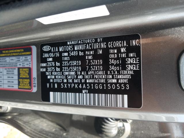 Photo 9 VIN: 5XYPK4A51GG150553 - KIA SORENTO 