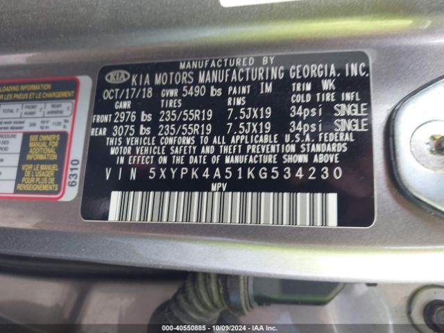 Photo 8 VIN: 5XYPK4A51KG534230 - KIA SORENTO 