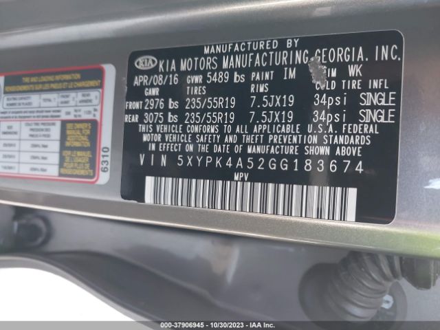 Photo 8 VIN: 5XYPK4A52GG183674 - KIA SORENTO 