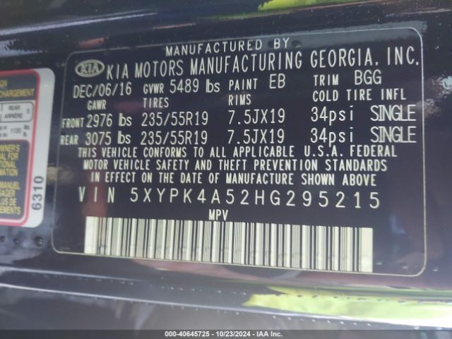 Photo 8 VIN: 5XYPK4A52HG295215 - KIA SORENTO 