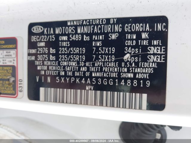 Photo 8 VIN: 5XYPK4A53GG148819 - KIA SORENTO 